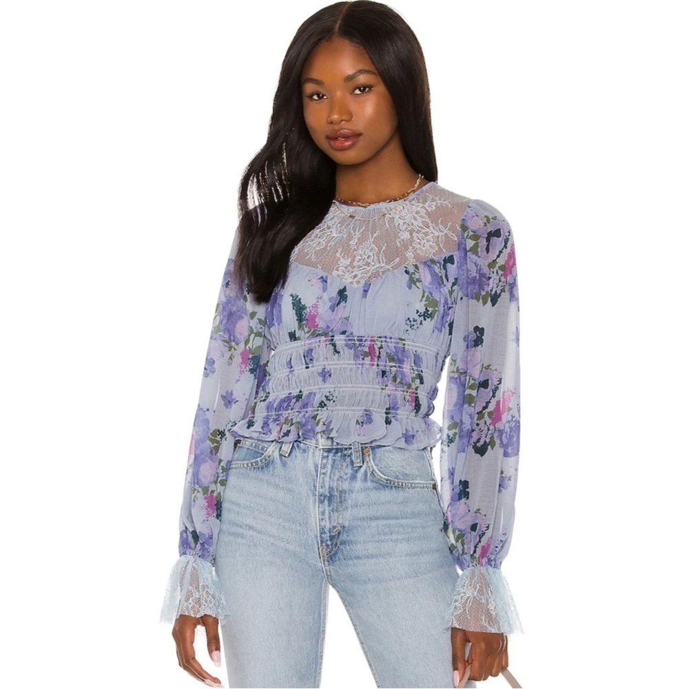 Free people Daphne Blouse in Silver Blue Combo floral lace Sz S NWT $128.